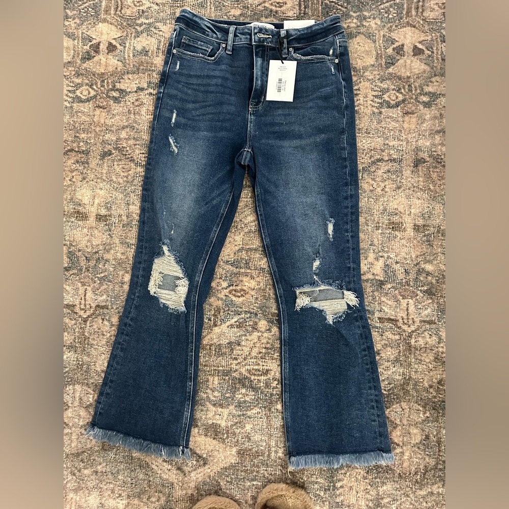 Zenana Outfitters Dark Blue Distressed Flare Jeans